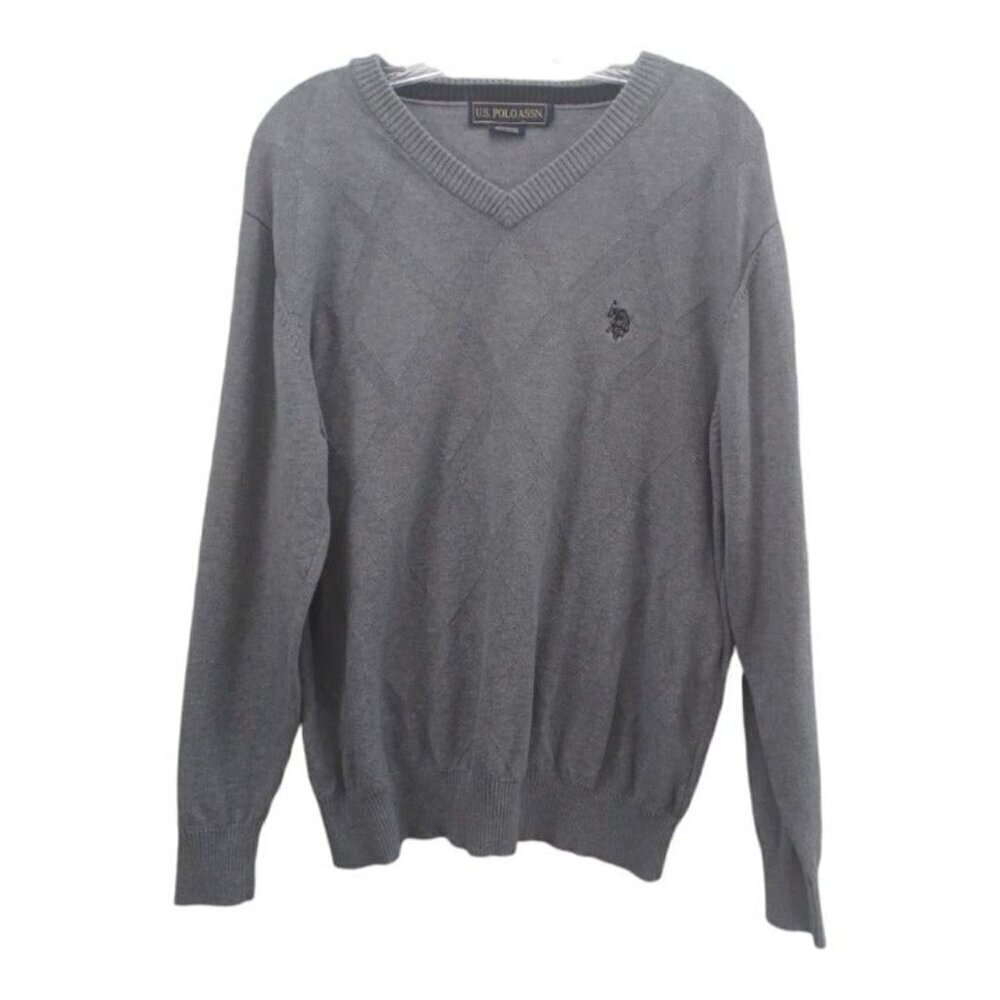 U.S. Polo Assn. Mens SZ L Grey Diamond Pattern V Neck Long Sleeve Sweater Preppy